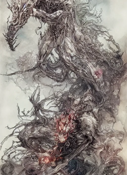 Prompt: nightmare Monsters spilling out of a Childs dreams as he sleeps , watercolor, pen and ink, intricate line drawings, by Yoshitaka Amano, Ruan Jia, Kentaro Miura, Artgerm,