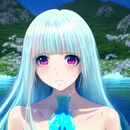 Image similar to a very beautiful anime girl wearing a dress made of water standing in a crystal lake , full body, long white hair with azure blue highlights blending into the dress , azure blue watery eyes, full round face, seductive over the shoulder glances , lens flare, cinematic lighting, medium shot, mid-shot, highly realistically detailed, trending on artstation, Unreal Engine 4k, Stanley Artgerm Lau, WLOP, Rossdraws, James Jean, Andrei Riabovitchev, Marc Simonetti, and Sakimichan