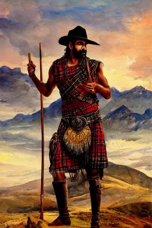 Prompt: an dramatic epic beautiful painting of a shirtless handsome desi man | he is wearing a plaid scottish kilt and cowboy hat, and holding a walking stick | background is mountains and clouds | dramatic lighting, golden hour, homoerotic, highly detailed | by mark maggiori and walter crane | trending on artstation