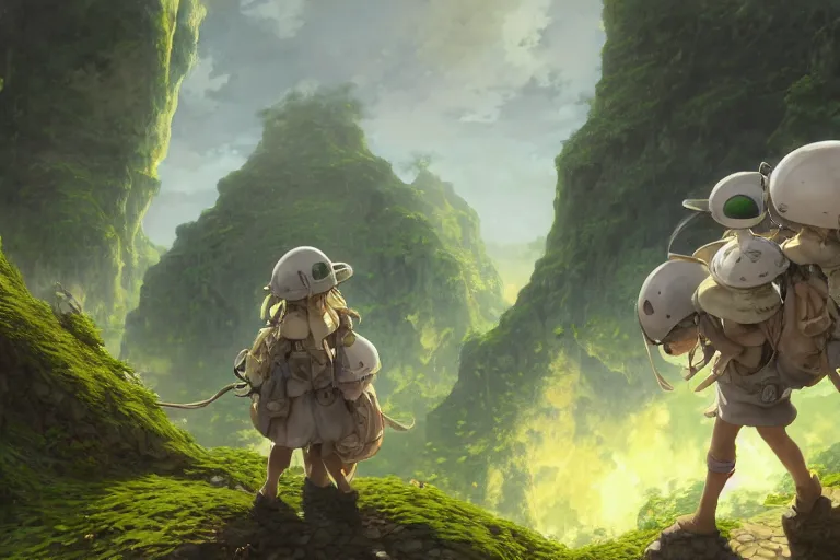 Prompt: made in abyss concept art riko backpack pith helmet yellow hair extra detailed green eyes full body landscape digital painting illustration wlop James Jean Marc Simonetti Ruan Jia and Mandy Jurgens and Artgerm and William-Adolphe Bouguerea greg rutkowski Gustave Dore trending on artstation pixiv hyperdetailed Unreal Engine 4k 8k ultra HD