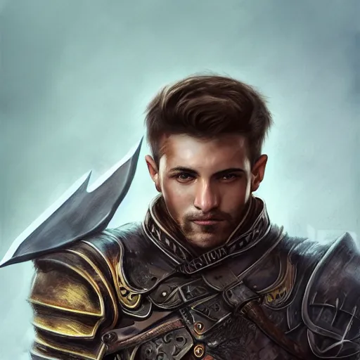 Prompt: realistic portrait, 30 year old man :: athletic, brown hair, metal armour, majestic, authority, sword :: high detail, digital art, RPG, concept art, illustration