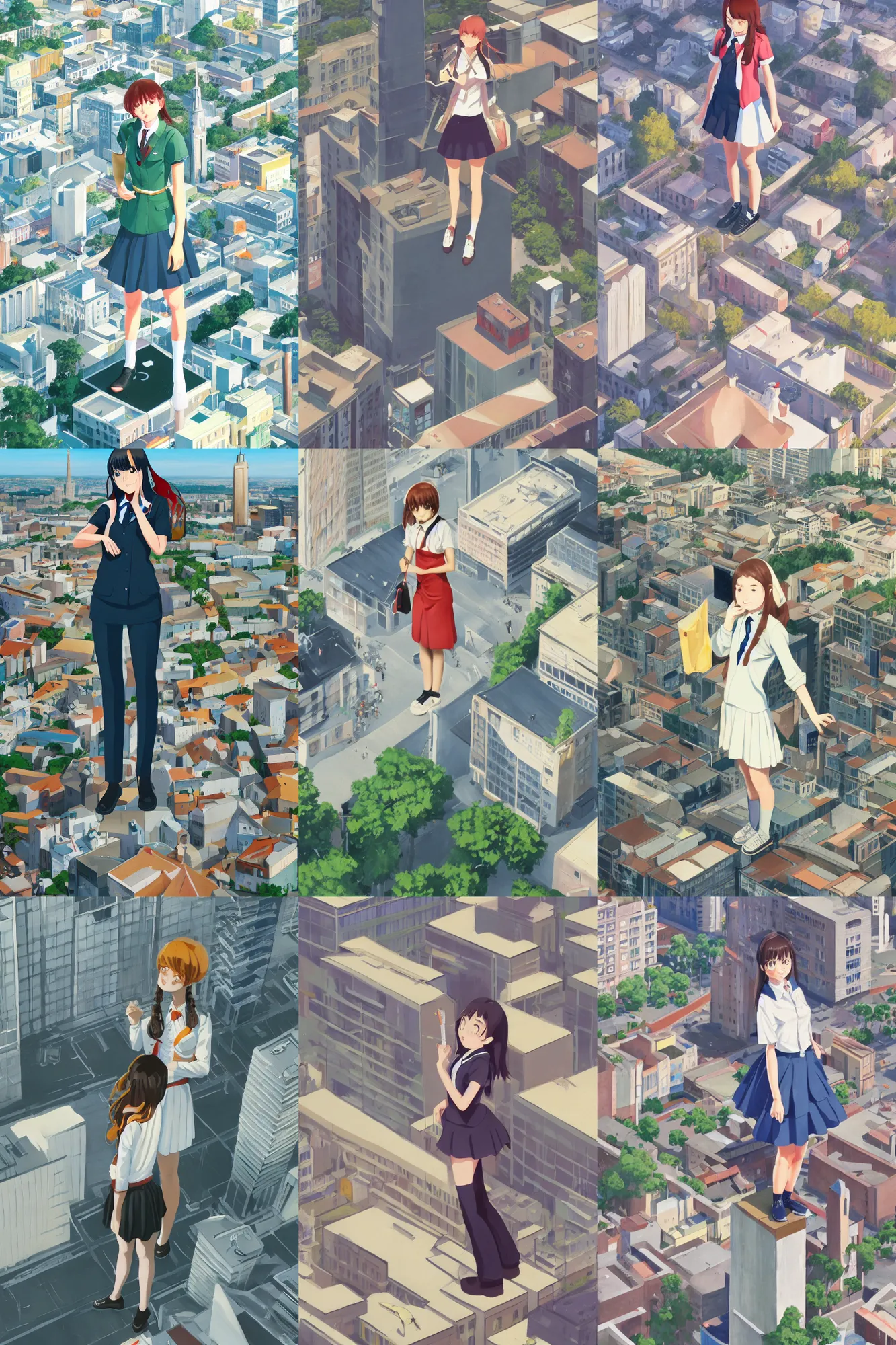 Prompt: a cute giantess wearing school uniform standing in the city which seem small, bird's eye view, gouache, 8 k wallpaper, strong brush stroke, very high detailed, sharp focus, illustration, morandi color scheme, art station, by shinkai makoto