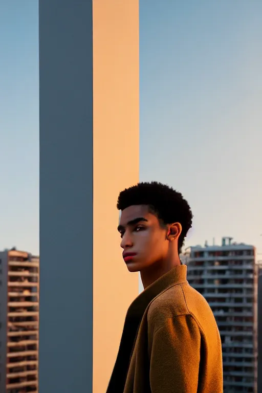 Image similar to un ultra high definition studio quality high fashion photographic portrait of a young man standing on the rooftop of an apartment building wearing all eclectic soft clothes and a reflective face shield. three point light. extremely detailed. golden hour, golden ratio, ray tracing, volumetric light, shallow depth of field. set dressed.