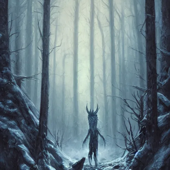 Image similar to cloaked humanoid wendigo feasting, nighttime located in a snowy dark forest, lurking horror, distant shot, dungeons and dragons, magic the gathering, forboding, high detail, oil painting, style of seb mckinnon