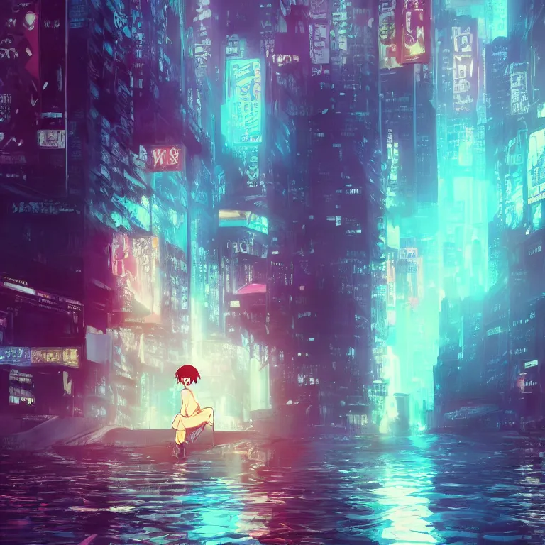 Image similar to a lofi anime protagonist crying a river, new york, deep rich colors, 8 k, award winning, blur, cinematic, neon, cyberwave, cynthwave, hayao miyazaki, makoto shinkai and ilya kuvahinov