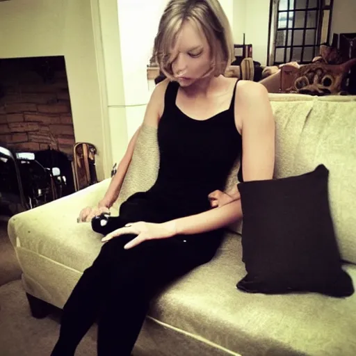 Prompt: On the sofa Masha is lying dressed as usual in black