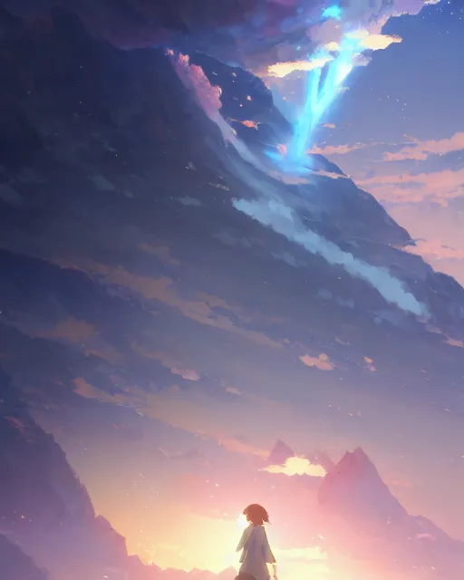 Image similar to makoto shinkai concept art of descending quran from the nebula cloud, key visual, ambient lighting, highly detailed, digital painting, artstation, concept art, sharp focus, by makoto shinkai and akihiko yoshida and hidari and wlop and greg rutkowski