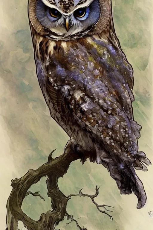 Image similar to owl, water color, D&D, fantasy, highly detailed, digital painting, artstation, concept art, matte, sharp focus, illustration, art by Ivan Gantschev and Alphonse Mucha