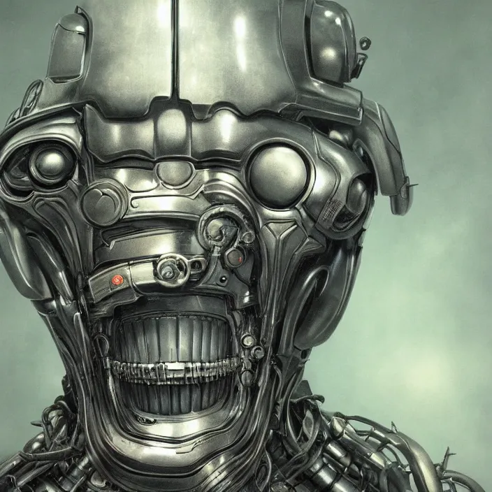 Prompt: h. r. giger esque portrait of a friendly happy emerald ultron from age of ultron, fresh of the production line, washed, clean, shiny, clockwork steampunk, head and chest only, by beksinski, 4 k, deviantart, trending on artstation