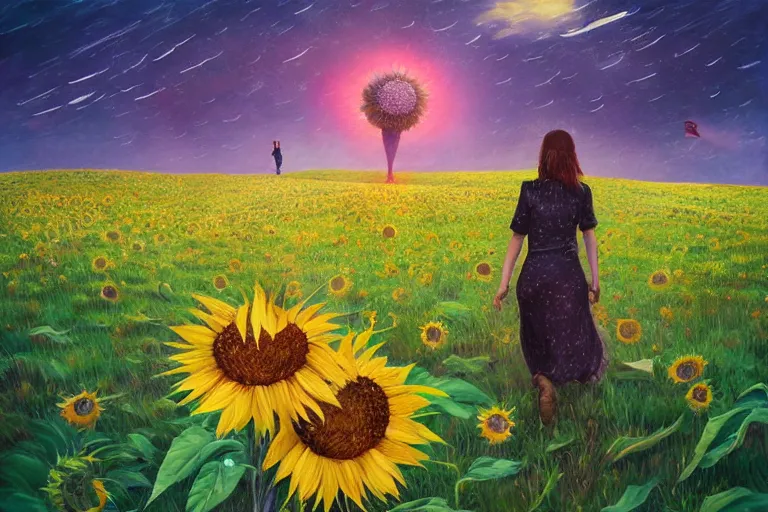 Image similar to giant sunflower as a head, girl walking in daisy field, hills, surreal photography, dark night, star trails, dramatic light, impressionist painting, clouds, digital painting, artstation, simon stalenhag