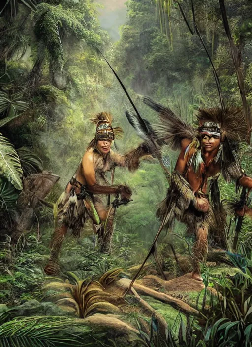 Prompt: two indigenous people hunting together in the jungle, fantasy art, highly detailed, matte painting