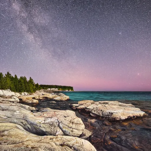 Prompt: rocky shore of the Bruce Peninsula on a starry night