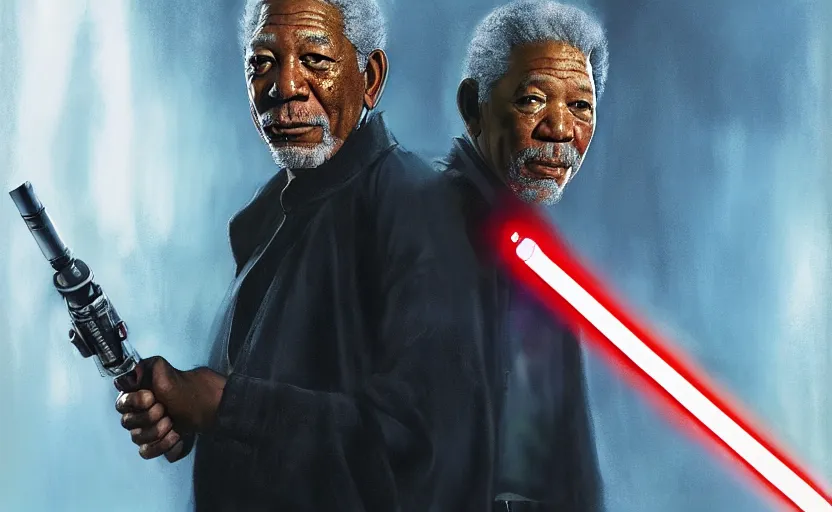 Image similar to morgan freeman holding a lightsaber, water landscape, dramatic lighting, cinematic, establishing shot, long full body shot, extremly high detail, photorealistic, cinematic lighting, post processed, concept art, artstation, matte painting, style by greg rutkowsky