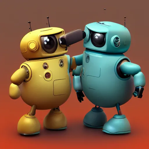 Prompt: two small chubby bots, hyperdetailed damaged surface, smooth scratched panelling, intricate detail, holding a battery, single eye, cute, intricate arms, antenna, floating, white studio, cute mechanical toy, gameboy advanced, ambient light, in the style of pixar animation poster, pokedstudios, blender, octane render, 8 k,