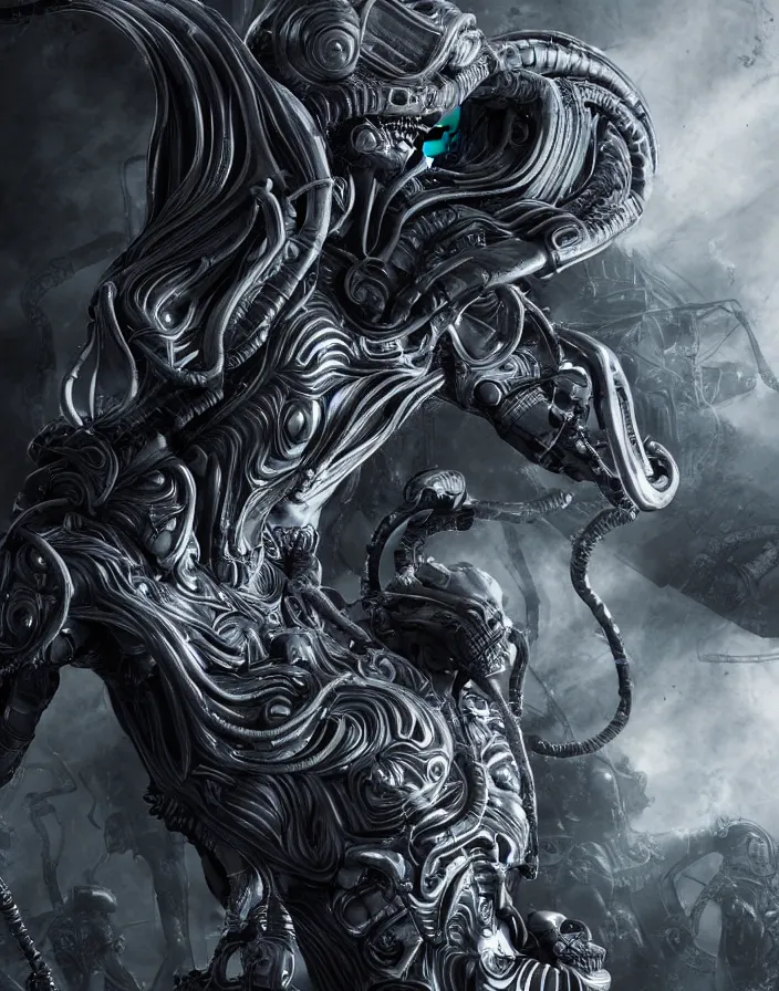 Image similar to engineer prometheus, xenomorph alien, highly detailed, symmetrical long head, smooth marble surfaces, detailed ink illustration, raiden metal gear, cinematic smooth stone, deep aesthetic, concept art, post process, 4k, carved marble texture and silk cloth, latex skin, highly ornate intricate details, prometheus, evil, moody lighting, hr geiger, hayao miyazaki, indsutrial Steampunk