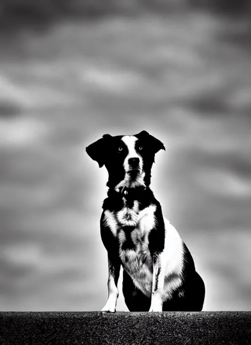 Prompt: dog black and white portrait white sky in background