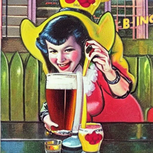 Image similar to Hello Kitty drinking beer, artwork by Earl Norem,