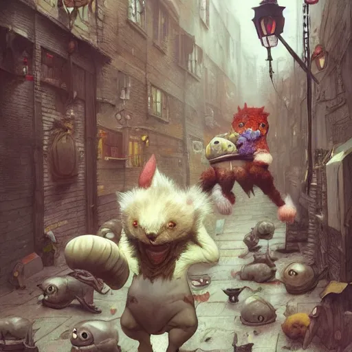 Prompt: little crazy monsters, furry creatures, monster emotional monsters and creatures in the city alleyway, wrestling each other in the style of Johfra and Shaun Tan, By Ruan Jia and Artgerm and Range Murata and WLOP and Ross Tran and William-Adolphe Bouguereau and Beeple, Fantasy Illustration. award winning, Artstation, intricate details, realistic, Hyperdetailed, 8k resolution.