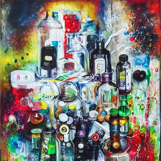 Image similar to “ pharmacy, street hawkers, medical supplies, pills and medicine, medicinal herbs, a candle dripping white wax, squashed berries, berry juice drips, acrylic and spray paint and oilstick on canvas, surrealism, neoexpressionism ”