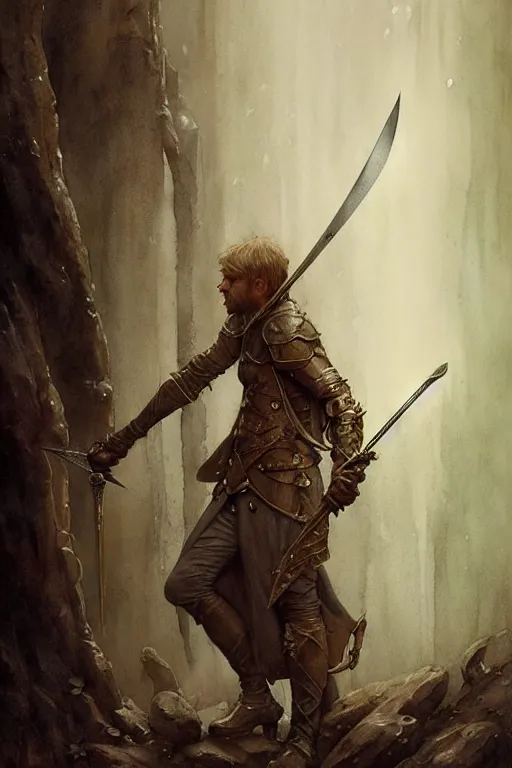 Prompt: arthur and the excalibur sword | esoteric symbolism | jean - baptiste monge, esao andrews, bastien lecouffe - deharme, tim jacobus, ken currie | ultra - detailed realism, soft cinematic lighting, hi - fructose, artstation, high - quality, ink watercolors wes anderson poster art