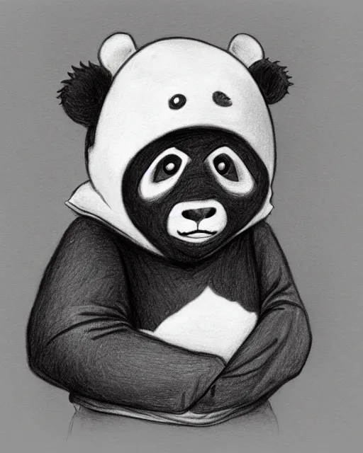 Image similar to a pencil drawing of an anthropomorphic panda wearing a hoodie on his head. head shot, by Pen Tacular