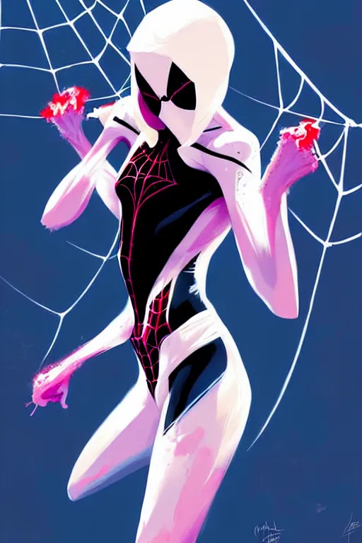 Image similar to a ultradetailed painting of spider gwen by conrad roset, greg rutkowski and makoto shinkai trending on artstation