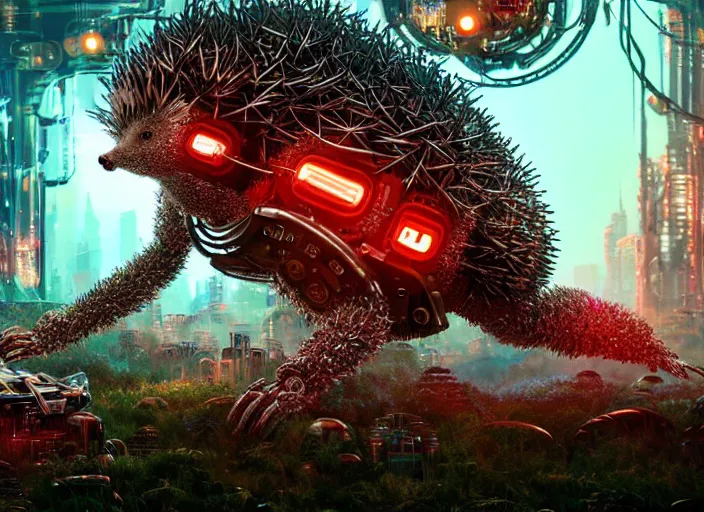 Image similar to giant intricate mechanical hedgehog with cybernetic enhancements and visible gears and fiber optics, on the background of a weird magical mechanical forest. Very detailed 8k. Fantasy cyberpunk horror. Sharp. Cinematic post-processing. Unreal engine. Nanite. Ray tracing. Parallax. Tessellation