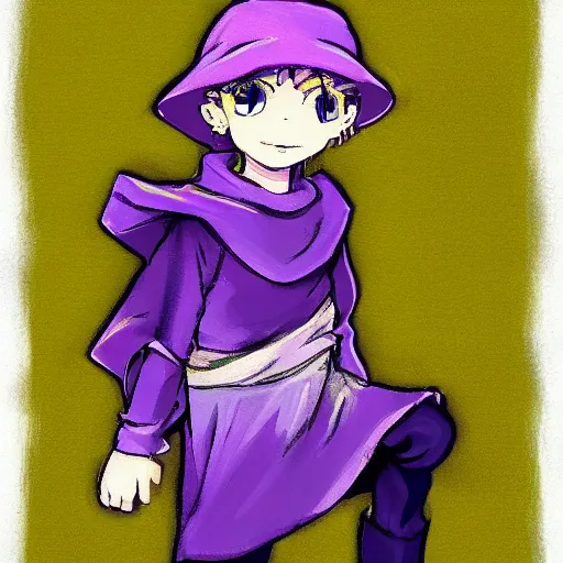 Prompt: little boy wearing an tunic, blonde hair. purple and yellow color palate, detailed soft painting, made in abyss art style, anatomically correct