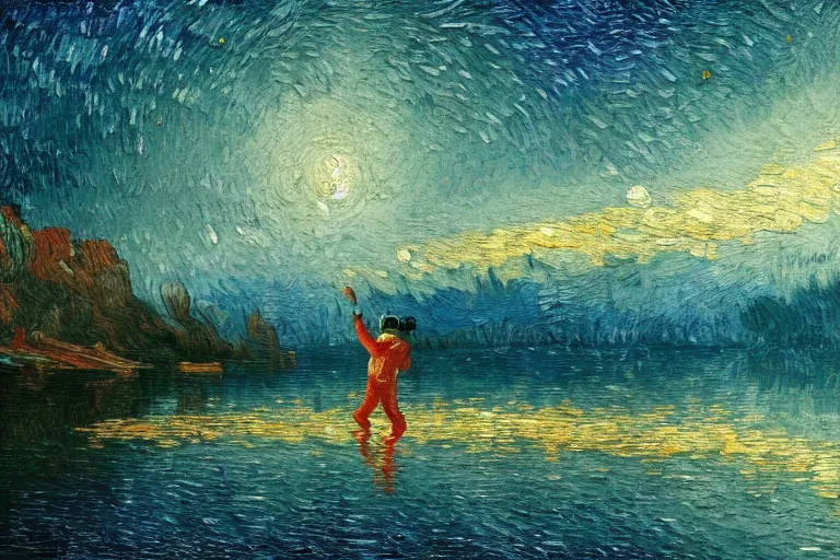 Prompt: an astronaut swimming in Jupiter lake, beautiful, national geographic, very detailed, astrophotography, oil painting, canvas, Vincent van Gogh, Caspar David Friedrich, Albert Bierstadt