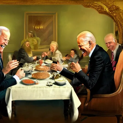 Image similar to a painting of joe biden laugh in tea party with osama bin laden, justify content center, hyper realistic content, frontal hyperdetailed realistic content, remove duplicate content