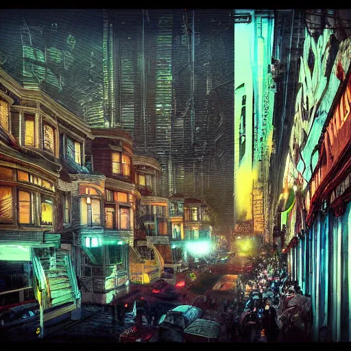 Image similar to a photograph of the painted ladies in san francisco foggy zombies artstation cyberpunk dreamscape high definition