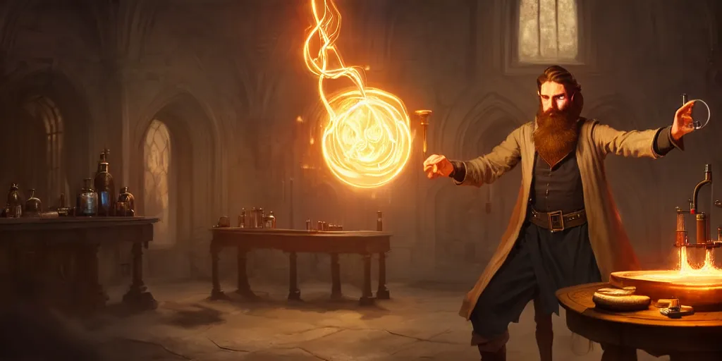 Image similar to a handsome bearded caucasian male sorcerer with brown hair, he is in a alchemist lab, casting a spell on a potion, action pose, digital art, 4 k, unreal engine, by greg rutkowski