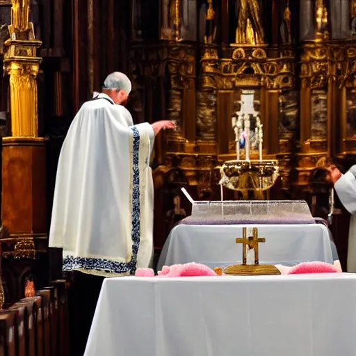 Prompt: ceremony of a soft ice ice cream on an altar during a latin rite catholic church service in a medieval cathedral