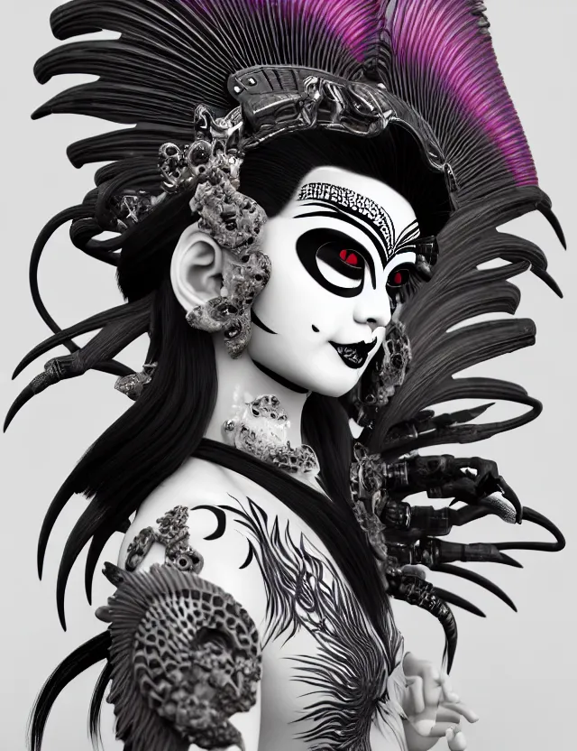 Image similar to 3 d goddess close - up profile portrait punk with mohawk with ram skull. beautiful intricately detailed japanese crow kitsune mask and clasical japanese kimono. betta fish, jellyfish phoenix, bio luminescent, plasma, ice, water, wind, creature, artwork by tooth wu and wlop and beeple and greg rutkowski