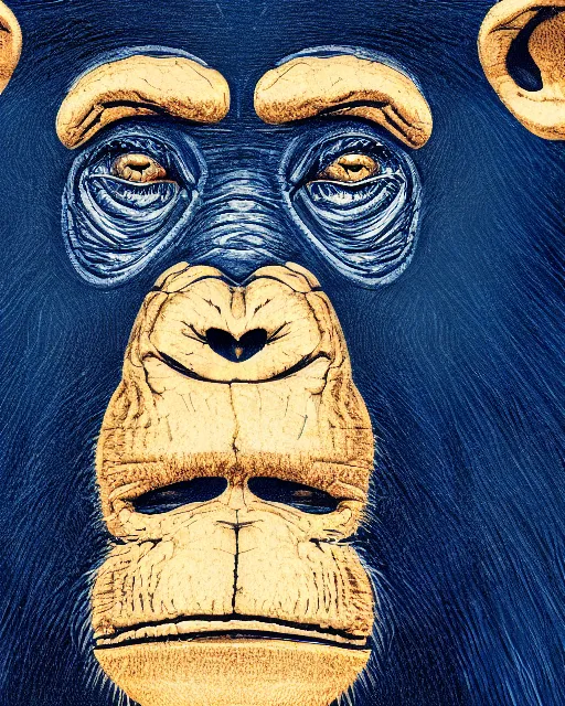 Prompt: gold, blue, illustration of a chimpanzee, 8 k, 8 5 mm f 1. 8