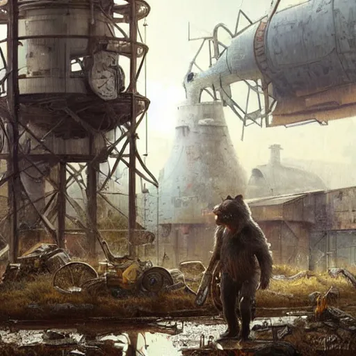 Prompt: a steampunk cyborg grizzly bear walking in a wasteland, abandoned barn in the background, collapsed water tower, painting by Greg Rutkowski