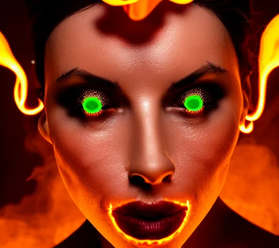 Image similar to portrait of a woman with horns made of flames and glowing green eyes, in the wisps of thick smoke, looking into the camera, studio photography, studio lighting, realistic render, octane render, 4 k, 8 k, face in focus