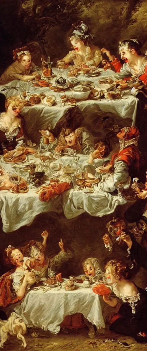 Image similar to vampires at a feasting dinner table with bones on plates super dreamy scary beautiful oil painting in the style of francois boucher