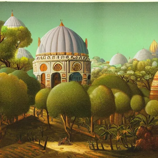 Prompt: ottoman sultanate domed spaceship, lush pastoral woodland scene, pulp science fiction illustration