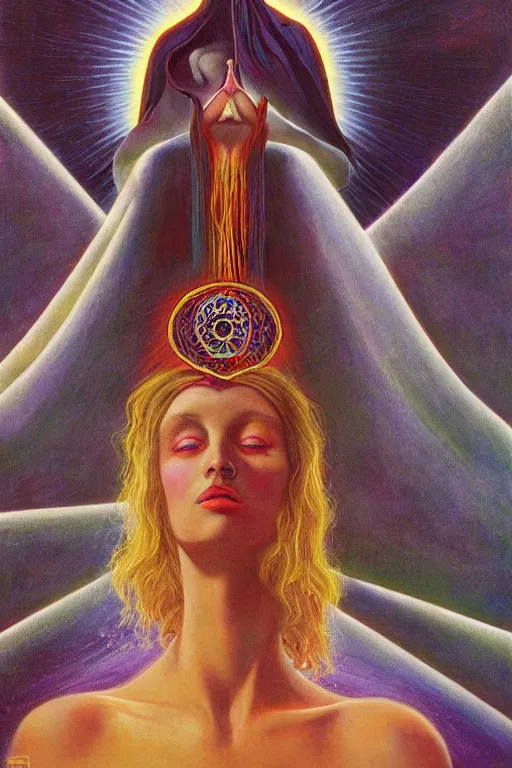 Image similar to gorgeous robed cult girl performing realism third eye ritual, expanding energy into waves into the ethos, epic surrealism 8k oil painting, portrait, depth of field, perspective, high definition, post modernist layering, by Ernst Fuchs, Gerald Brom