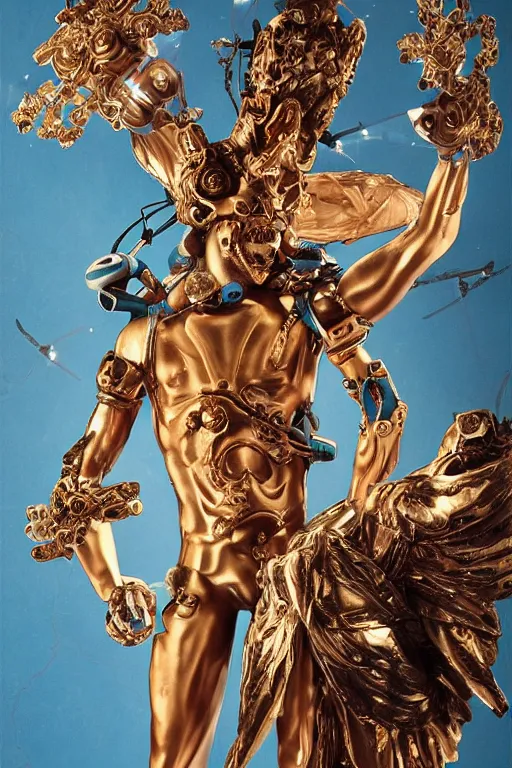 Image similar to a young handsome Spanish metal android with a large glowing battery in the center of his chest in a full-body bronze cyberpunk style statue of Icarus with glowing blue eyes, crown of peach roses, flowing teal-colored silk, fabric, flowers. baroque elements, human skull. full-length view. baroque element. intricate artwork by caravaggio. many flying horses on background. Trending on artstation, octane render, cinematic lighting from the right, hyper realism, octane render, 8k, depth of field, 3D