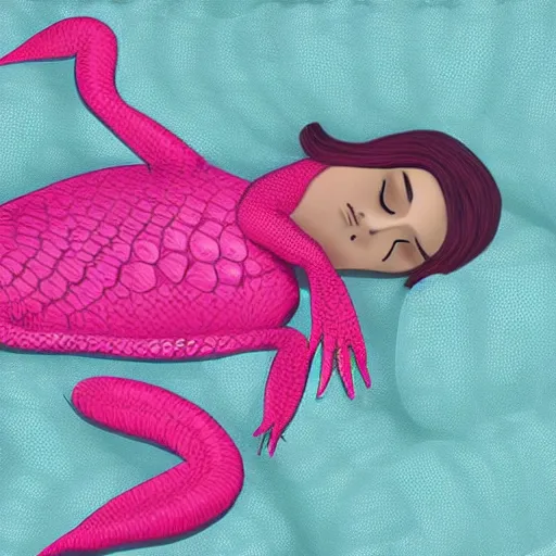 Prompt: pink lizard woman sleeping in a soft bed
