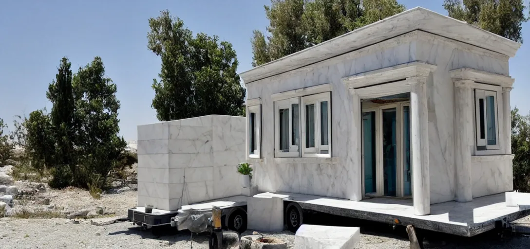 Image similar to greek tiny house made of marble with columns on trailer designed by iktinos and callicrates.