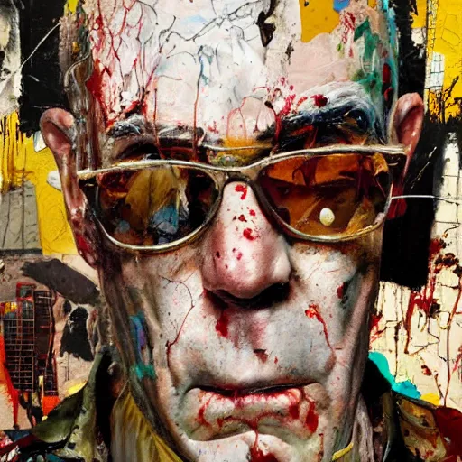 Image similar to hyperrealistic, photorealistic, mixed media oil painting of hunter s. thompson, magazine scraps, plaster, blood, oil, mustard, splatter, greg rutkowski, basquiat, ralph steadman,