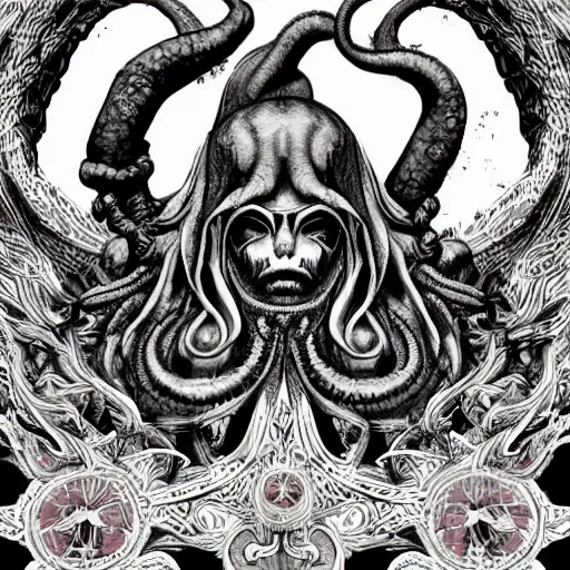 Image similar to 4 k colored headshot of godlike cthulhu with defined arms and open hands and bloody clothes with giant mandala wings, intricate face, flawless anime cel animation by kentaro miura, psychedelic, highly detailed upper body, professionally post - processed, beautiful, scary, symmetry accurate features, epic, octane rendered, anime masterpiece, accurate