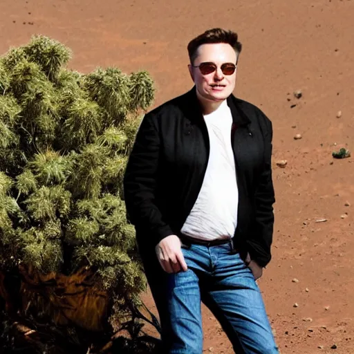 Image similar to elon musk smoking weed while sitting under a tree on mars