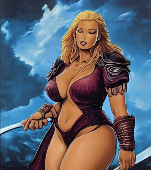 Image similar to 1 9 8 0 s fantasy novel book cover, bbw plus size amazonian iggy azalea in extremely tight bikini armor wielding a cartoonishly large sword, exaggerated body features, dark and smoky background, low quality print
