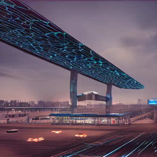 Image similar to Kazimierz Malewicz motherboard airport structure and digital billboard point cloud in the middle unreal engine 5 lumen global illumination, keyshot, octane, artstation trending, ultra high detail, ultra realistic, cinematic, 8k, 16k, in style of zaha hadid, in plastic, dark, tilt shift,