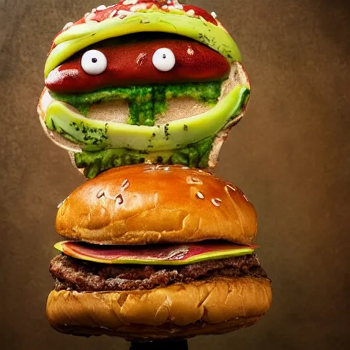 Image similar to a humanoid bipedal upright zombie that strongly resembles a hamburger, professional food photography