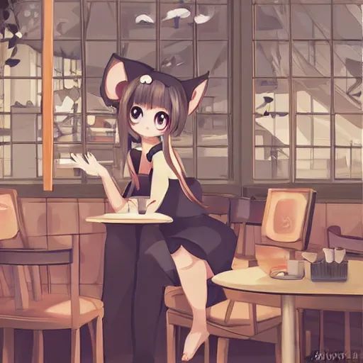 Prompt: detailed painting of a cute character with animal ears relaxing inside a cafe, vector art by kobaruta and shinonoko, featured on pixiv, romanticism, warm lighting, 2 d game art, flat shading, pixiv
